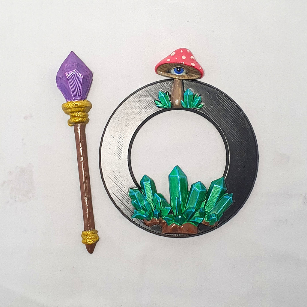 Mystical Mushroom Hair Ring - 3D printed and hand-painted with acrylic, featuring mushroom and crystal cluster design