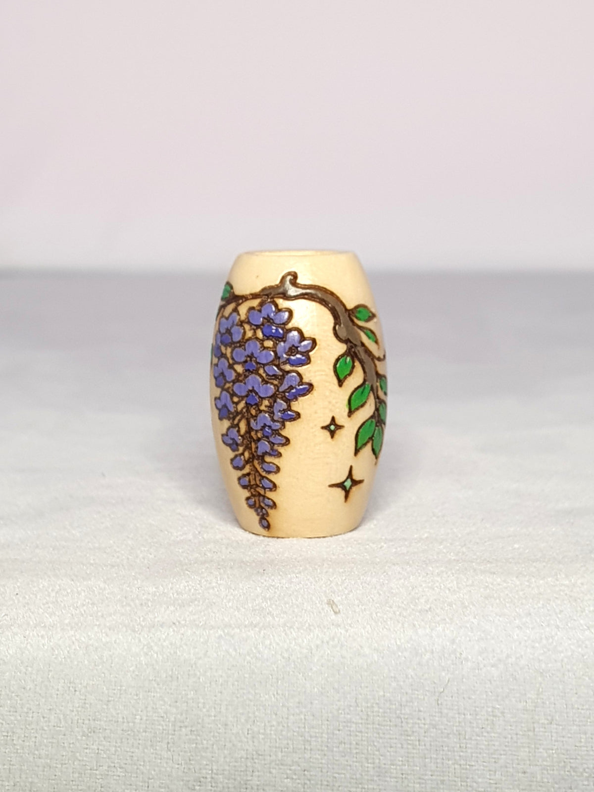 Wisteria Bead – hand-painted cascading purple wisteria with gold stars dreadlock wood bead