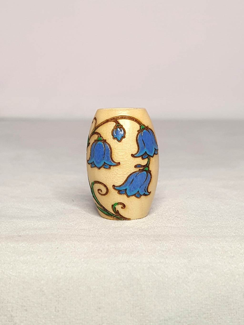Bluebells Bead – hand-painted periwinkle bluebell flowers on golden vine dreadlock wood bead