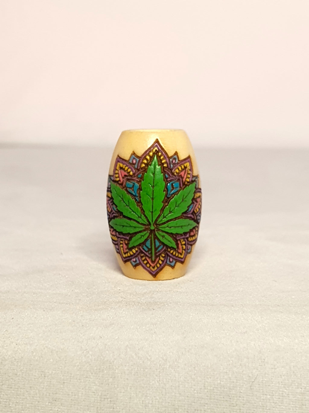 Dope Leaf Mandala Bead – hand-painted cannabis leaf on colourful mandala dreadlock wood bead
