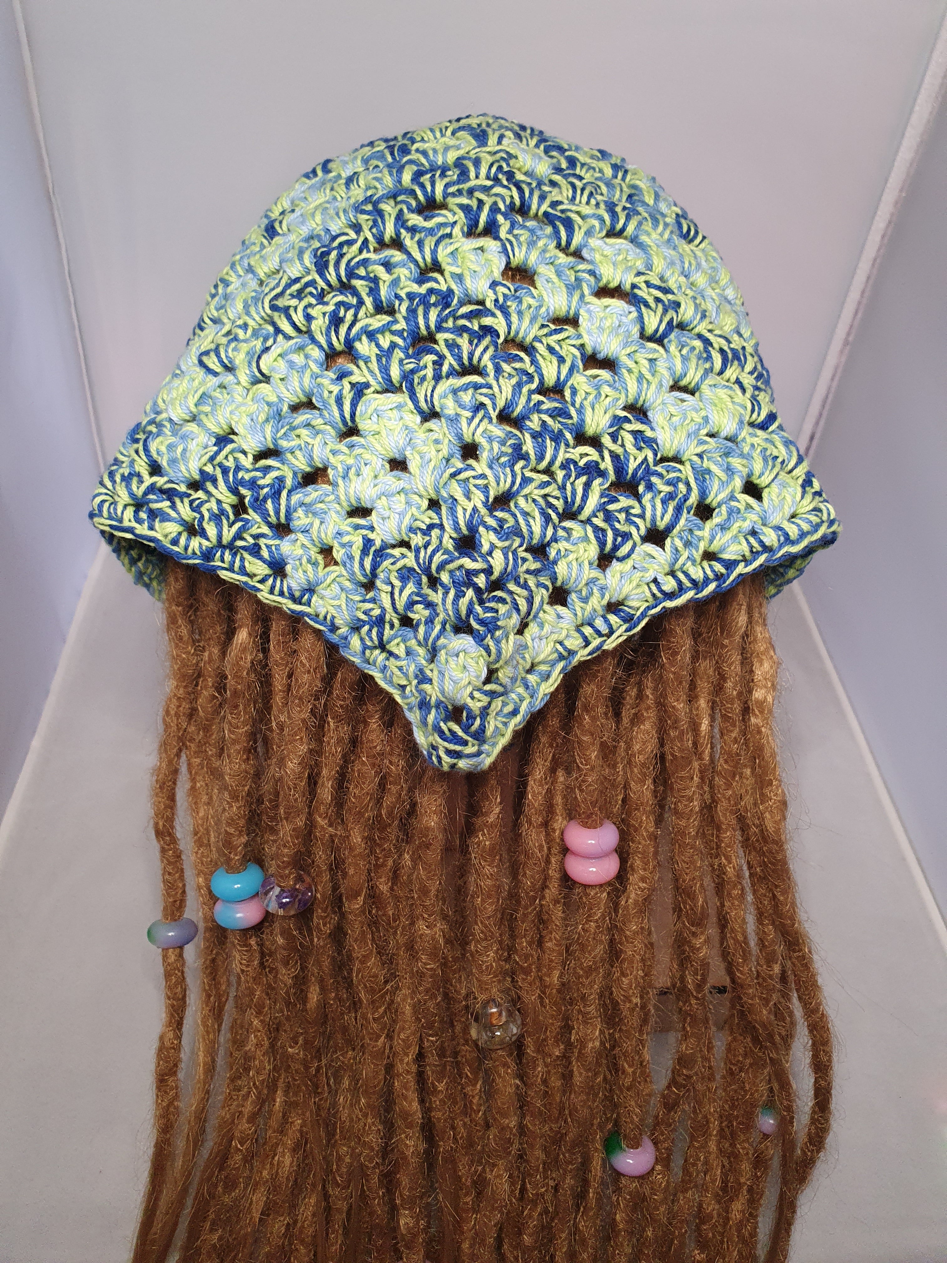 Blue and Fluro Green Crochet Bandana