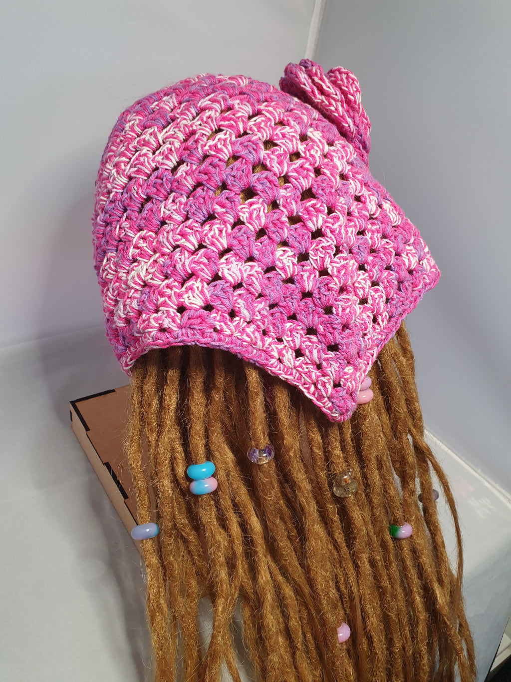 Pink, Purple & White Crochet Bandana with Flower Detail