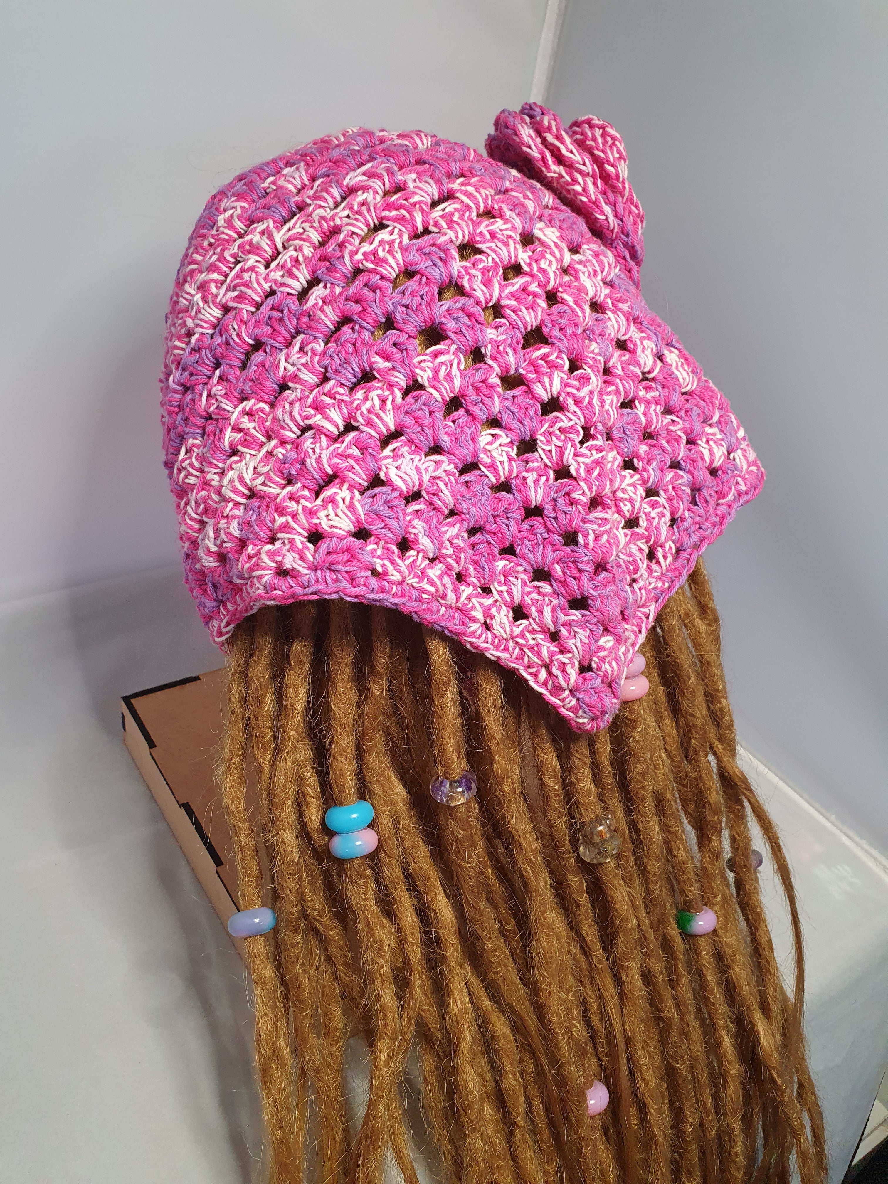 Pink, Purple & White Crochet Bandana with Flower Detail