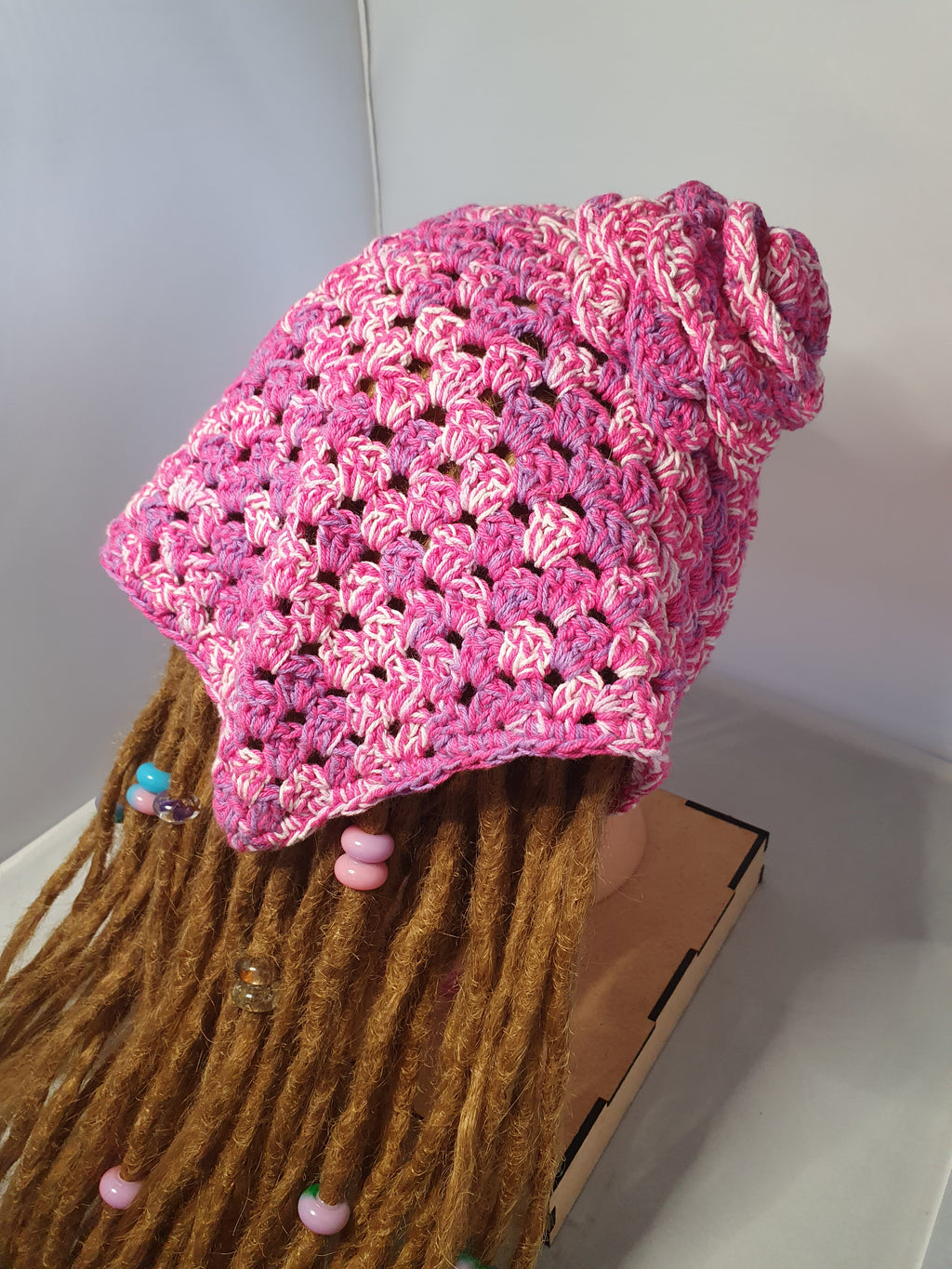 Pink, Purple & White Crochet Bandana with Flower Detail