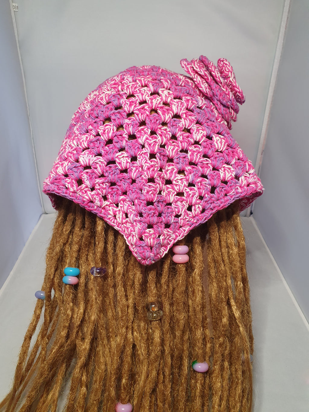 Pink, Purple & White Crochet Bandana with Flower Detail