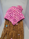 Pink, Purple & White Crochet Bandana with Flower Detail