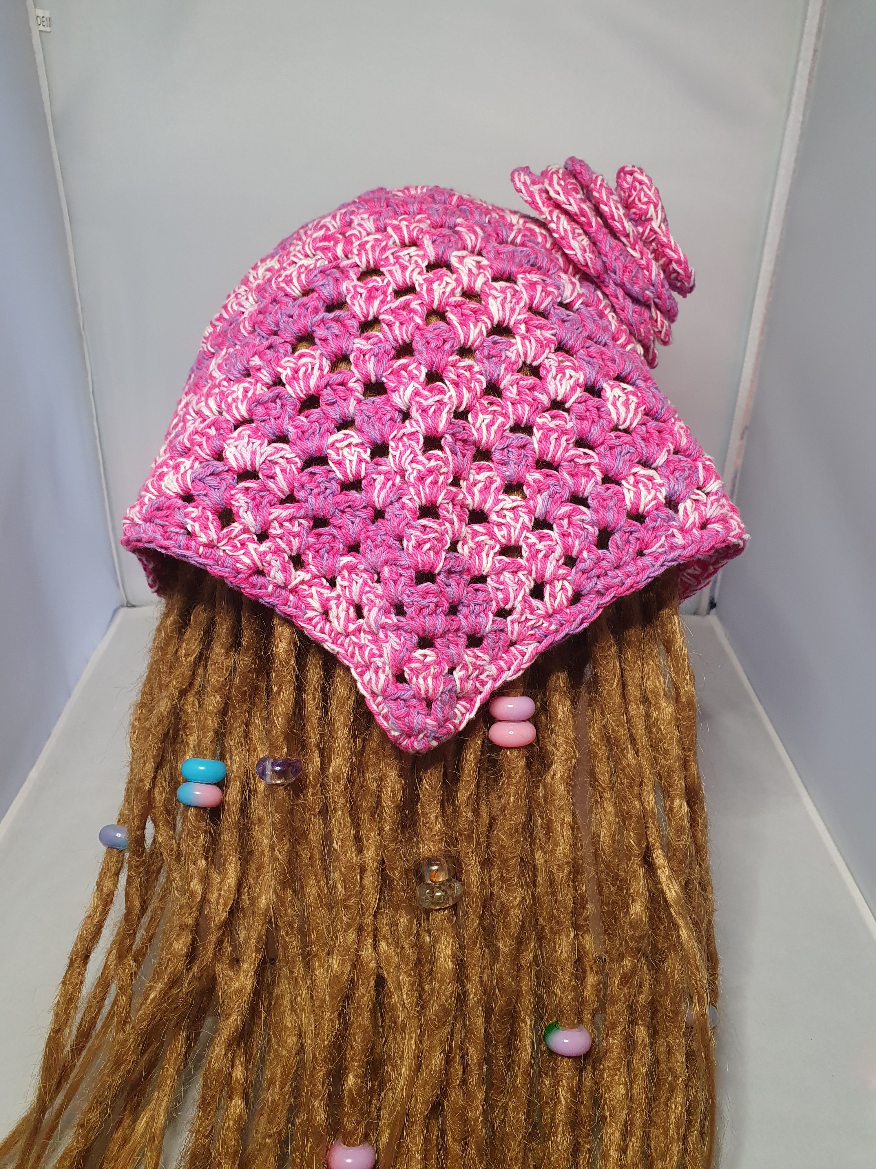 Pink, Purple & White Crochet Bandana with Flower Detail
