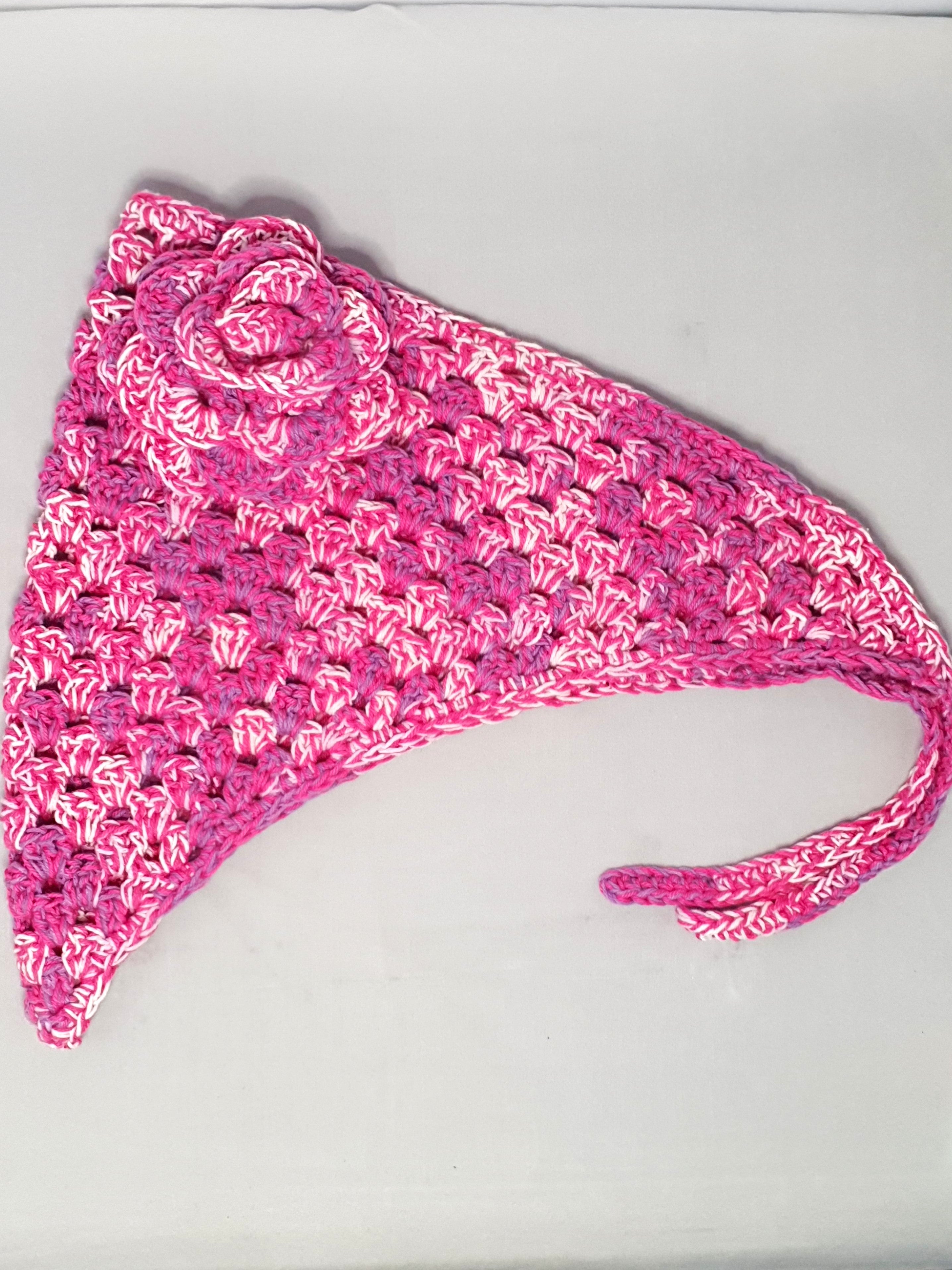 Pink, Purple & White Crochet Bandana with Flower Detail