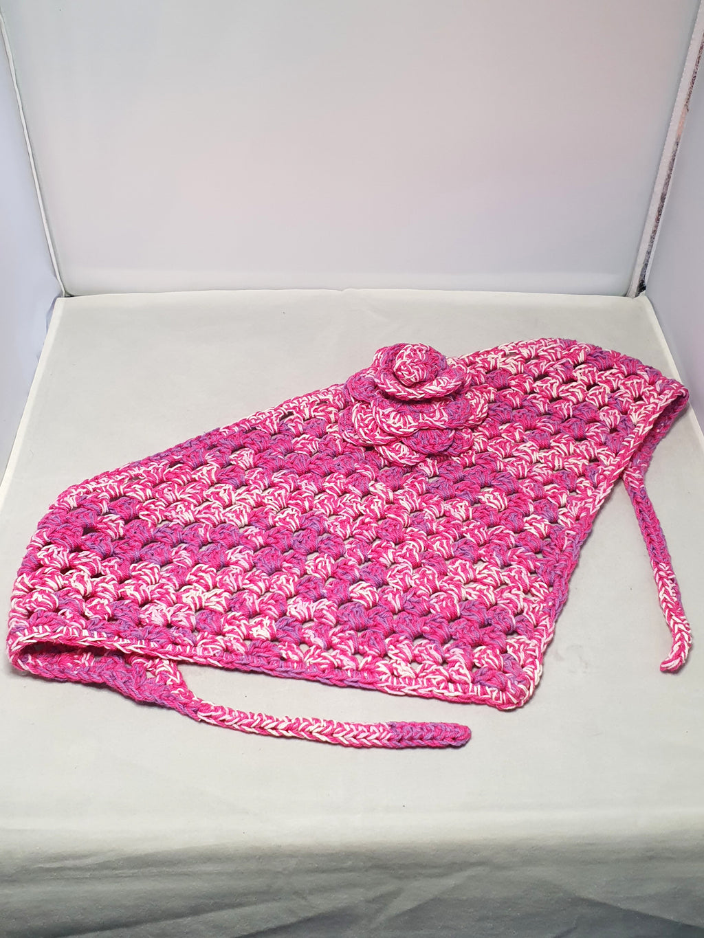 Pink, Purple & White Crochet Bandana with Flower Detail