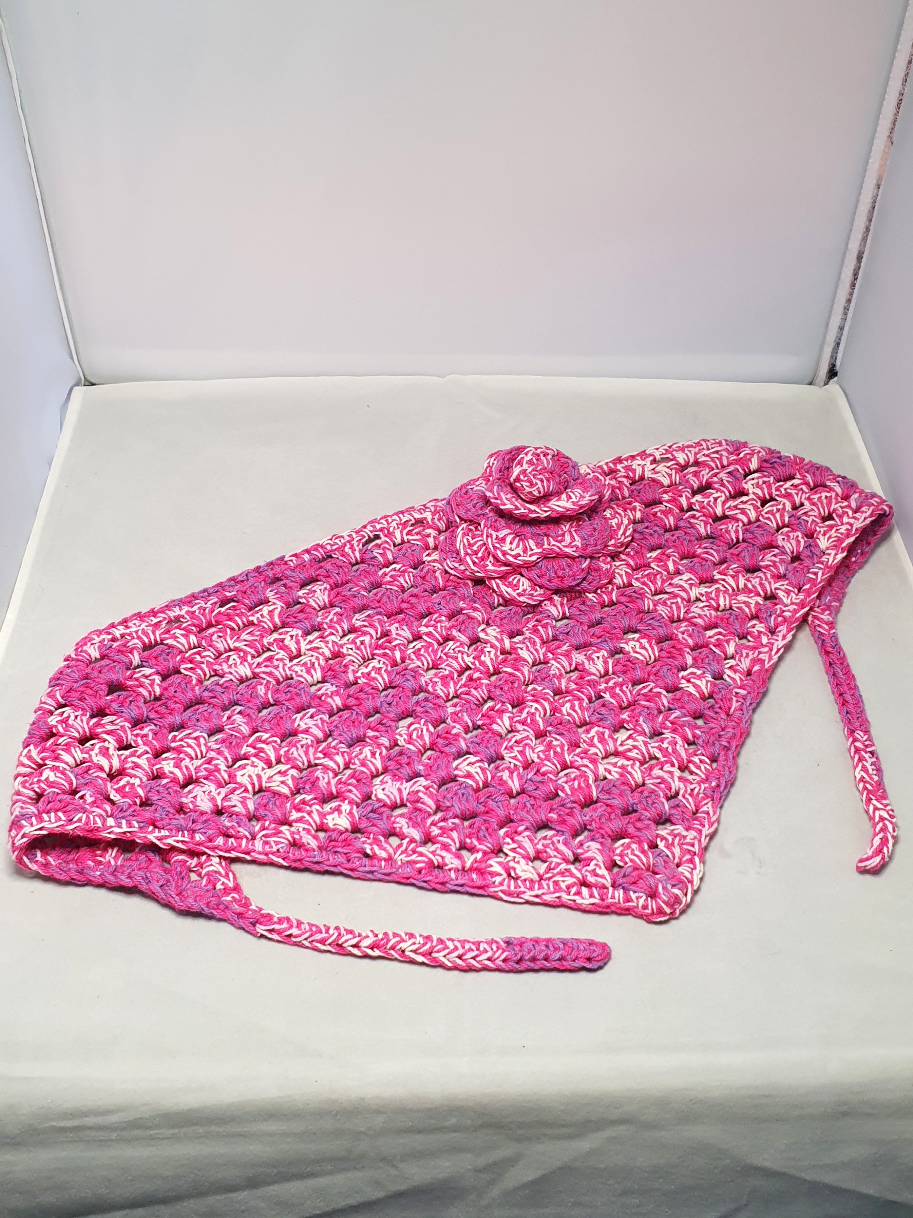 Pink, Purple & White Crochet Bandana with Flower Detail
