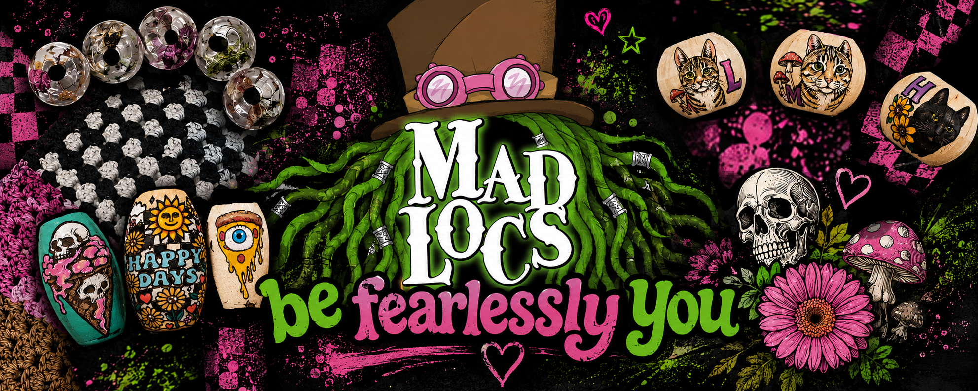 Decorative banner with 'Mad Locs' branding and various product images on a colorful background.
